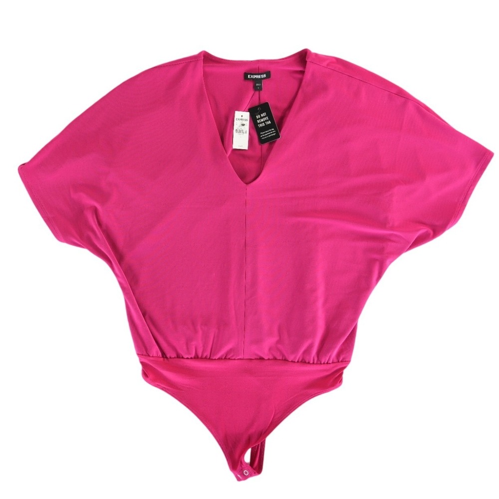 New Express Pink Dolman Sleeve Bodysuit Women's Size Large Fuchsia V-Neck Y2K